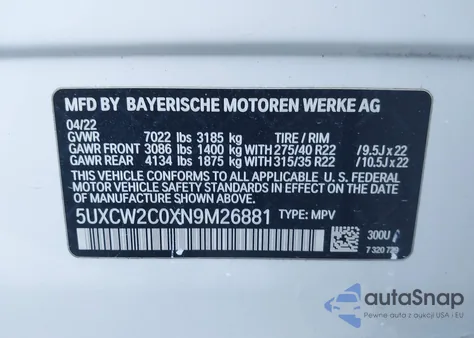 2022 BMW X7 xDrive40I z USA, uszkodzony, nr VIN 5UXCW2C0XN9M26881